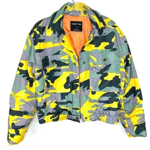 Cest Toi Yellow Camouflage Puffer Bomber Jacket S - Picture 1 of 7